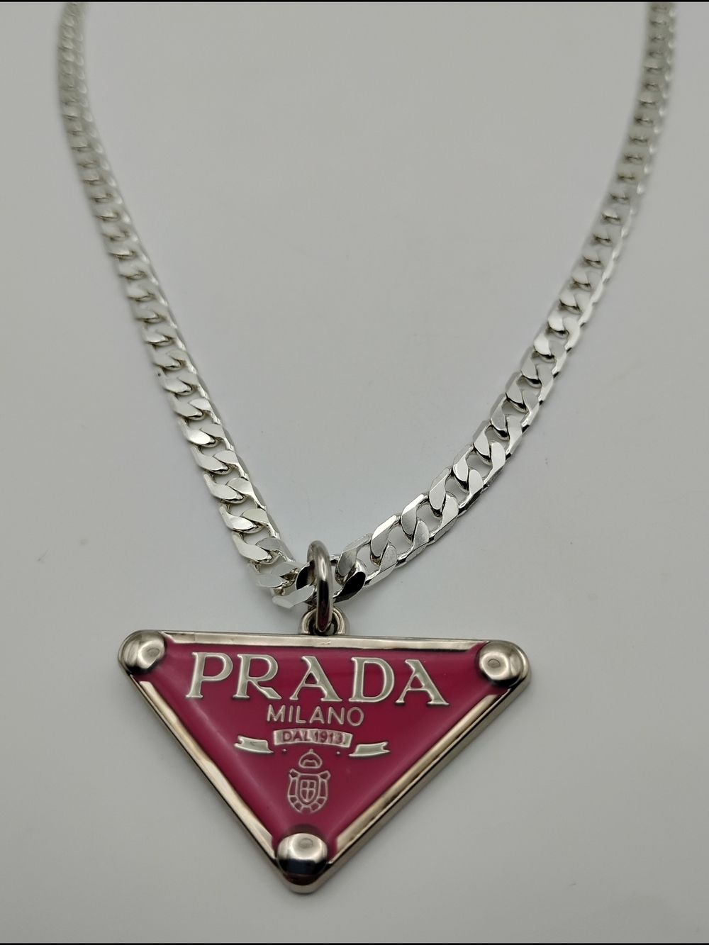PRADA Milano Fuscia Triangle Logo Pendant On A 925 Sterling Silver Necklace - Picture 5 of 14